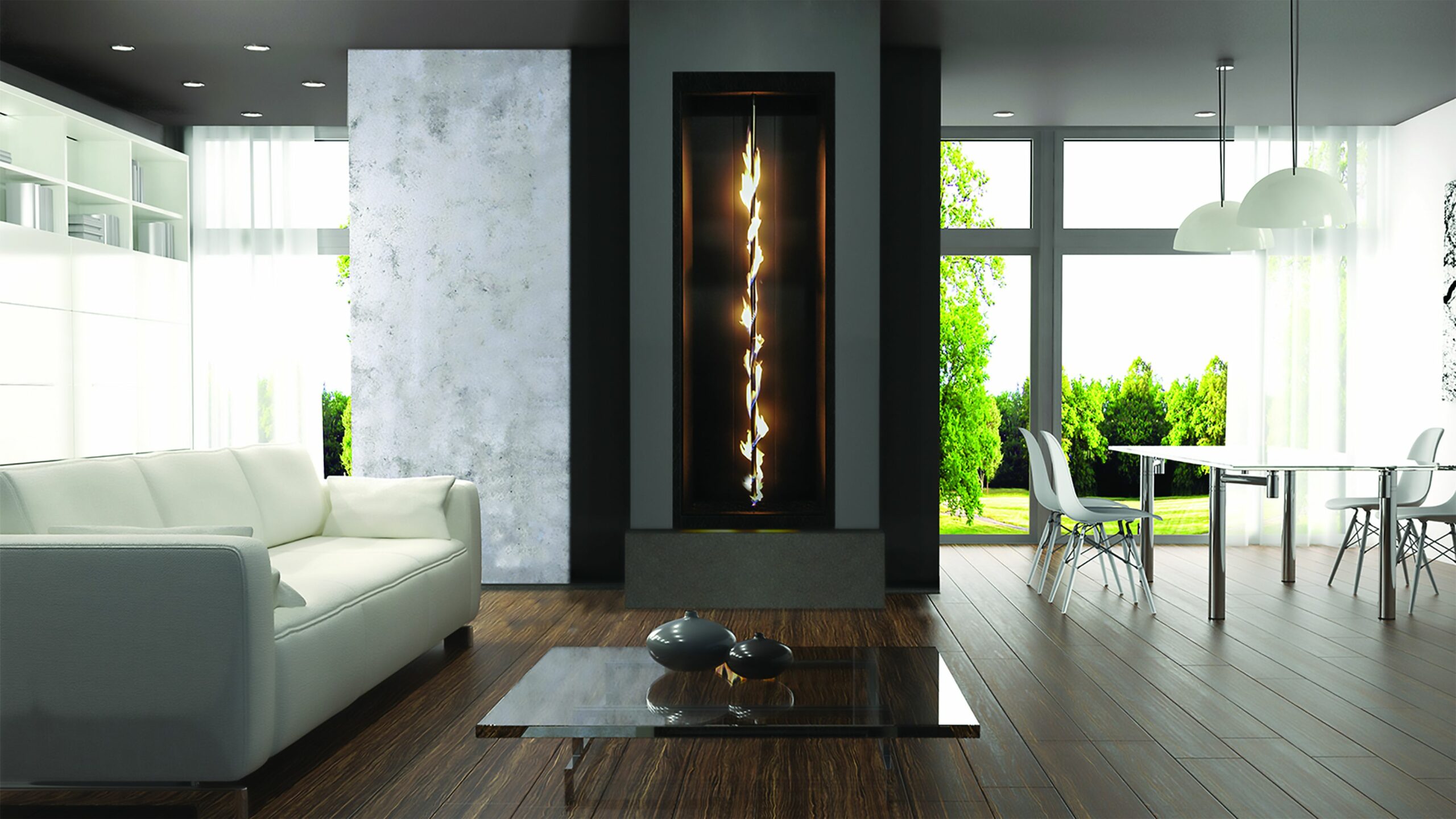 vertical pole with gas flames winding up in a large glass enclosure