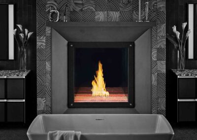 A luxury fireplace in a bathroom setting.